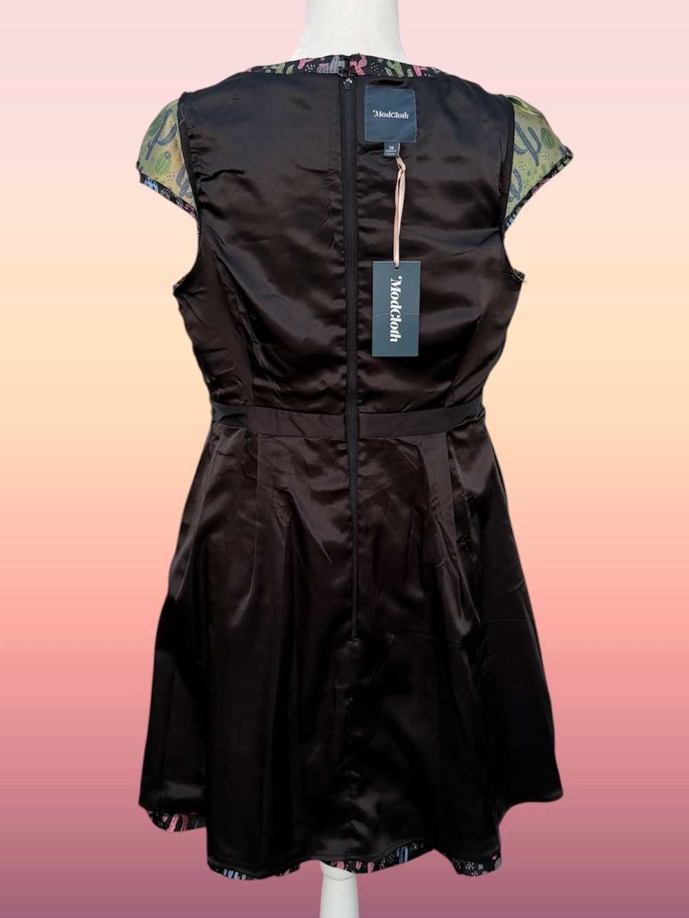 ModCloth Jacquard Multi-Color Cactus Fit & Flare Pleated Satiny Swing Dress, 16 - Picture 9 of 13
